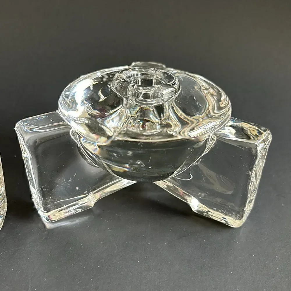 Vintage Heavy Clear Glass 3 Footed Round Candle Holders Set of 2 Art Deco Style